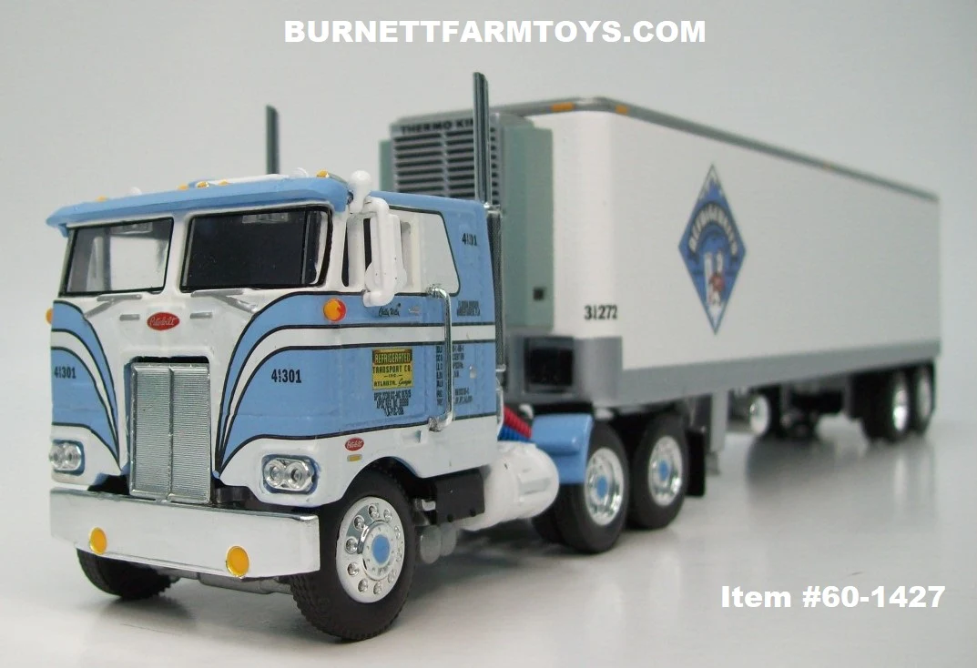 Item #60-1427 Refrigerated Transport Co. Baby Blue White Black Outline Peterbilt 352 COE 86-inch Sleeper with Tandem Axle 40-foot Vintage Refrigerated Van Trailer with Thermo King Refrigerator - 1/64 Scale - DCP by First Gear - Fallen Flags #45