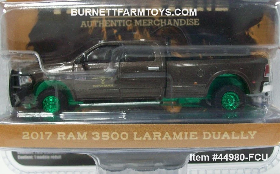 Item #44980-FCU Yellowstone Brown Metallic Green Frame Chase Unit 2017 RAM 3500 Laramie Dually Pickup Truck - 1/64 Scale - Greenlight - Hollywood Series 38 - Image 2