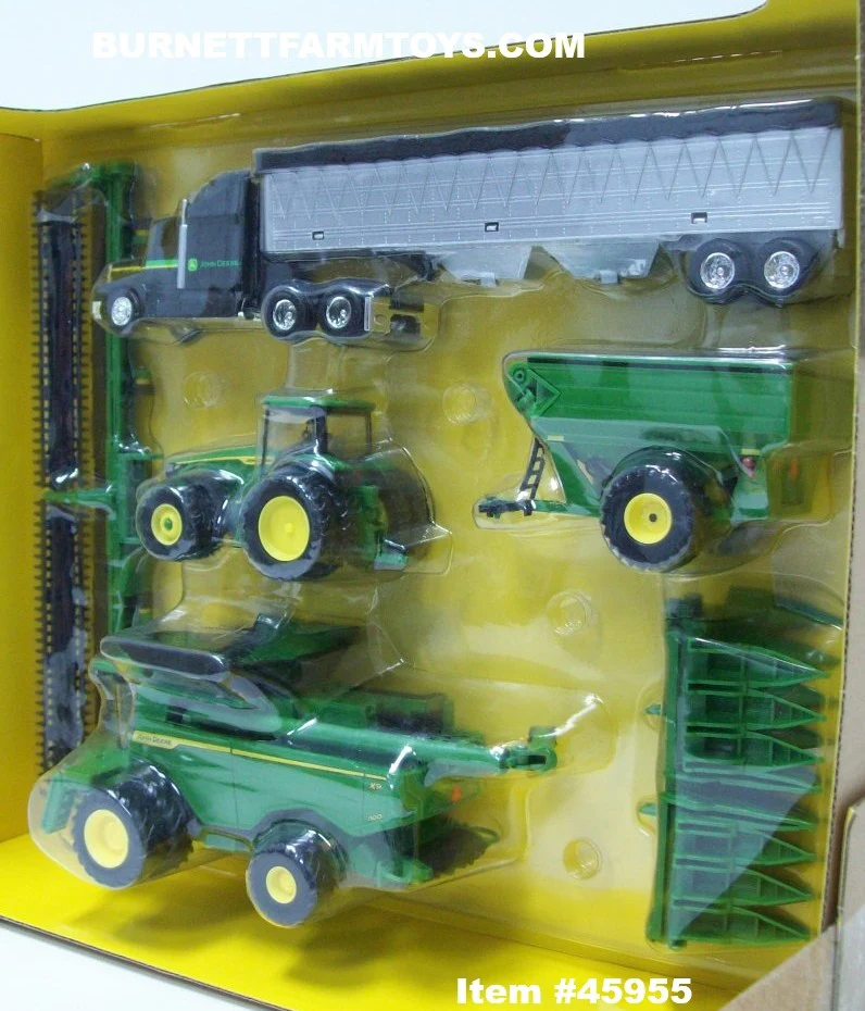 Item #45955 John Deere Harvesting Set with X9 1100 Combine Corn Head Bean Head 8R 370 Tractor Grain Cart Semi Grain Trailer - 1/64 Scale - Ertl / Tomy - Image 3
