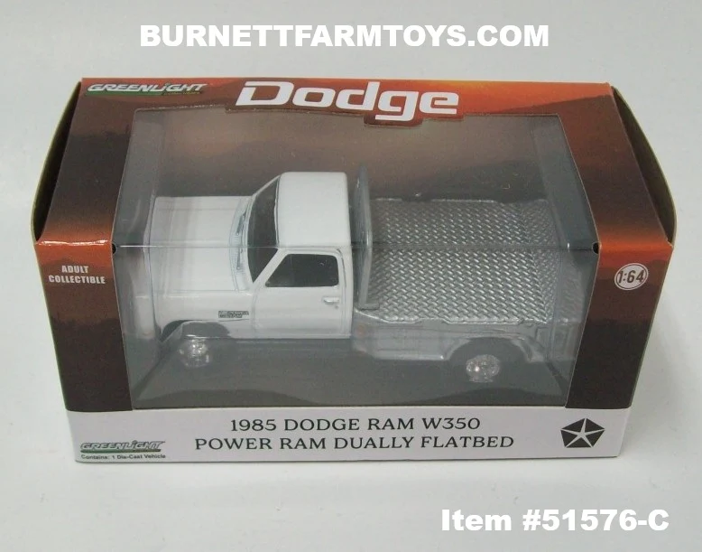 Item #51576-C White Silver Flatbed 1985 Dodge Ram W350 Power Ram Dually Pickup Truck - 1/64 Scale - Greenlight - Image 5
