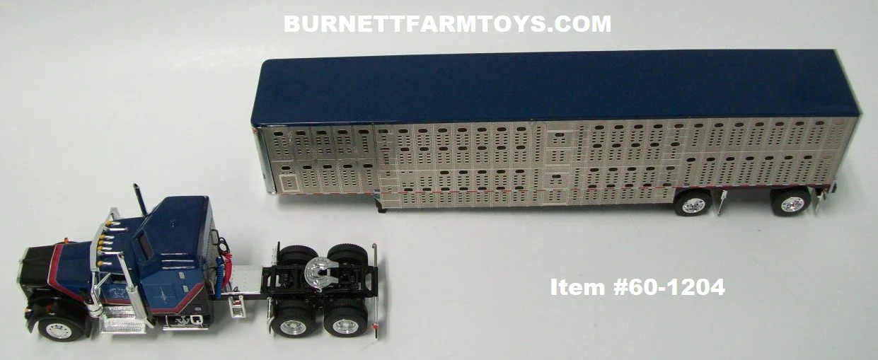 Item #60-1204 John Wayne Cattle Co. Blue Black Red Silver Outline Kenworth W900A 86-inch Aerodyne Sleeper with Silver Sided Blue Roof Black Frame Spread Axle Wilson Silver Star Livestock Trailer with Chrome End Caps - 1/64 Scale - DCP by First Gear - Image 4