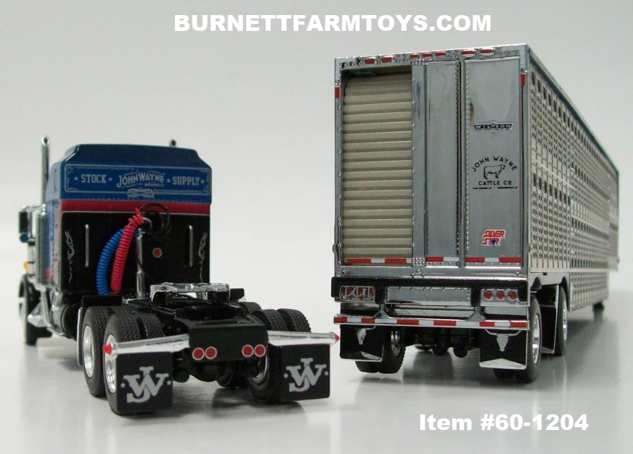 Item #60-1204 John Wayne Cattle Co. Blue Black Red Silver Outline Kenworth W900A 86-inch Aerodyne Sleeper with Silver Sided Blue Roof Black Frame Spread Axle Wilson Silver Star Livestock Trailer with Chrome End Caps - 1/64 Scale - DCP by First Gear - Image 6