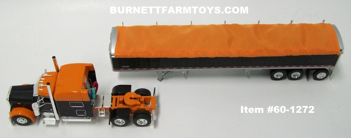 Item #60-1272 Orange Black Peterbilt 379 70-inch Mid Roof Sleeper with Black Sided Orange Tarp Silver Frame Tri-Axle Wilson Pacesetter Hopper Bottom Grain Trailer - 1/64 Scale - DCP by First Gear - Image 4