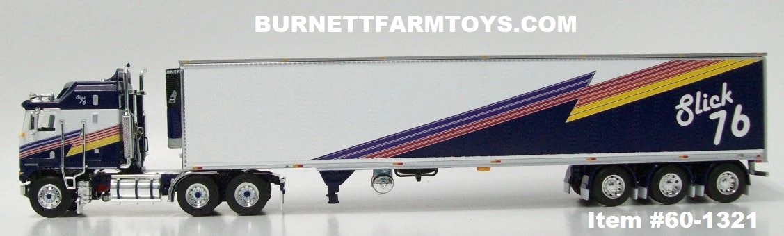 Item #60-1321 Slick 76 Purple White Red Stripe Yellow Stripe Kenworth K100 Cabover Aerodyne Sleeper with 53-foot Tri-Axle Refrigerated Utility Van Trailer with Carrier Refrigerator - 1/64 Scale - DCP by First Gear - Image 3