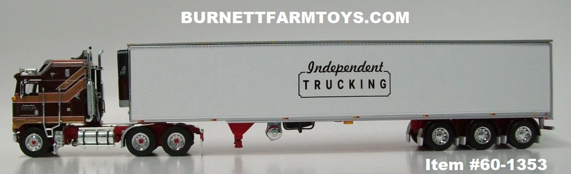 Item #60-1353 Independent Trucking Brown Metallic Gold Salmon Stripe White Outline Red Frame Kenworth K100 Cabover Aerodyne Sleeper with 53-foot Tri-Axle Refrigerated Utility Van Trailer with Carrier Refrigerator - 1/64 Scale - DCP by First Gear - Image 3