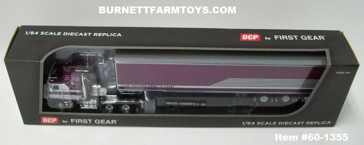 Item #60-1355 Plum Trucking Coast to Coast Purple White Black Outline Kenworth K100 COE Aerodyne Sleeper with 53-foot Tri-Axle Utility Van Trailer - 1/64 Scale - DCP by First Gear - Image 6