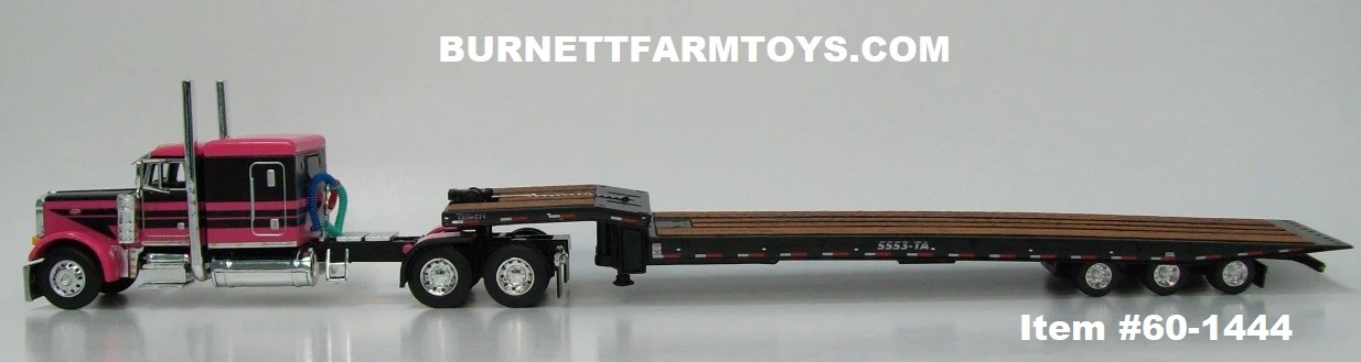 Item #60-1444 Pink Black Peterbilt 379 63-inch Flattop Sleeper with Black Tri-Axle Talbert 5553TA Slide Axle Flatbed Trailer - 1/64 Scale - DCP by First Gear - Image 3
