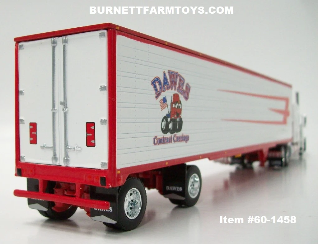 Item #60-1458 Dawes Contract Carriage White Red Peterbilt 389 63-inch Mid Roof Sleeper with Spread Axle Utility Ribbed Refrigerated Trailer with Thermo King Refrigerator - 1/64 Scale - DCP by First Gear - Image 2