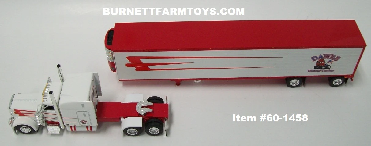 Item #60-1458 Dawes Contract Carriage White Red Peterbilt 389 63-inch Mid Roof Sleeper with Spread Axle Utility Ribbed Refrigerated Trailer with Thermo King Refrigerator - 1/64 Scale - DCP by First Gear - Image 4