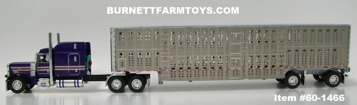Item #60-1466 Hilton Trucking Purple Silver Black Red Outline Peterbilt 389 63-inch Mid Roof Sleeper with Silver Spread Axle Wilson Silver Star Livestock Trailer with Translucent Roof and Chrome End Caps - 1/64 Scale - DCP by First Gear - Image 3