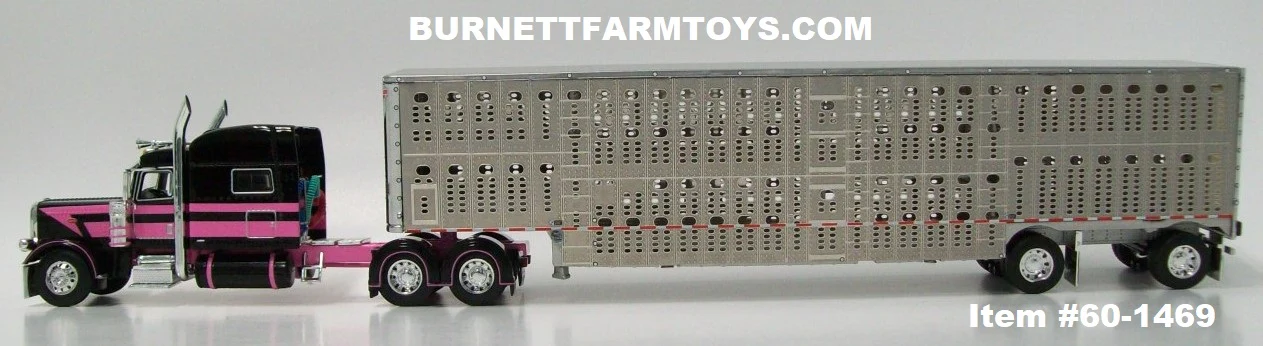 Item #60-1469 Black Pink Peterbilt 389 70-inch Mid Roof Sleeper with Silver Spread Axle Wilson Silver Star Livestock Trailer with Chrome End Caps - 1/64 Scale - DCP by First Gear - Image 3