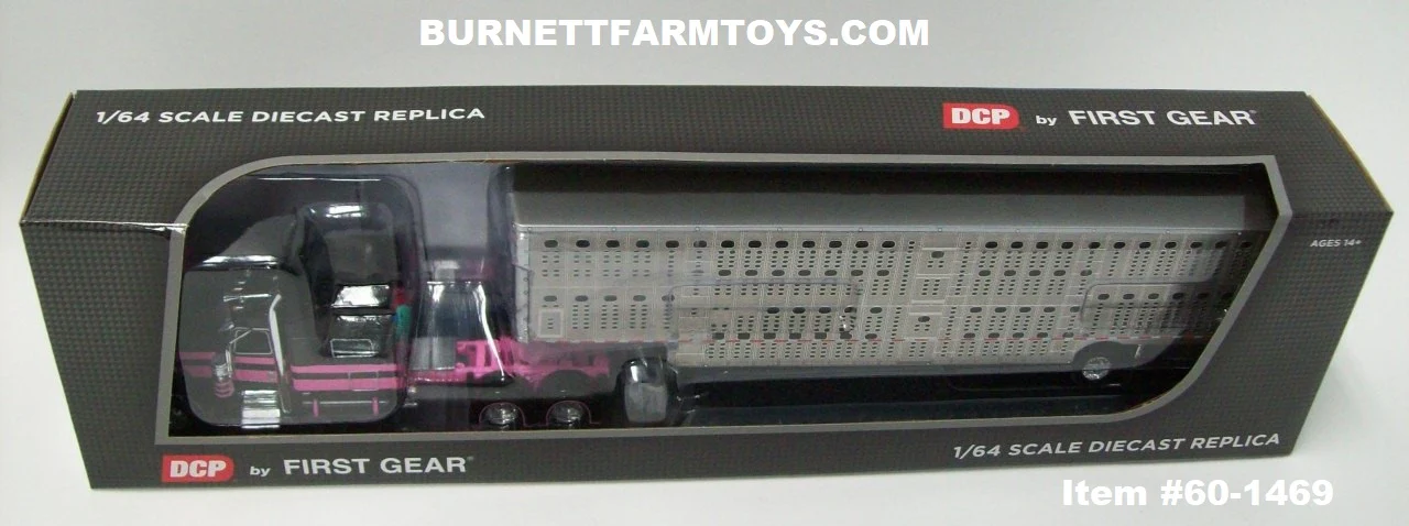 Item #60-1469 Black Pink Peterbilt 389 70-inch Mid Roof Sleeper with Silver Spread Axle Wilson Silver Star Livestock Trailer with Chrome End Caps - 1/64 Scale - DCP by First Gear - Image 5