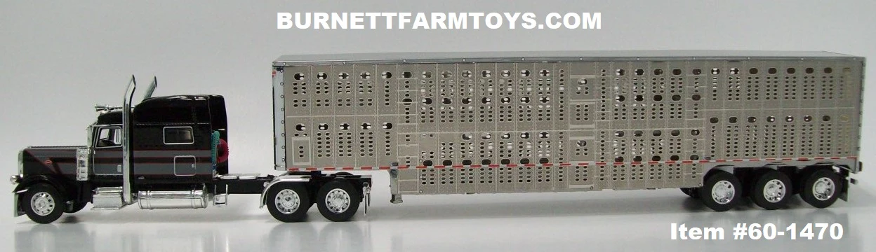 Item #60-1470 Black Gray Stripe Red Outline Peterbilt 389 70-inch Mid Roof Sleeper with Silver Tri-Axle Wilson Silver Star Livestock Trailer with Chrome End Caps - 1/64 Scale - DCP by First Gear - Image 3