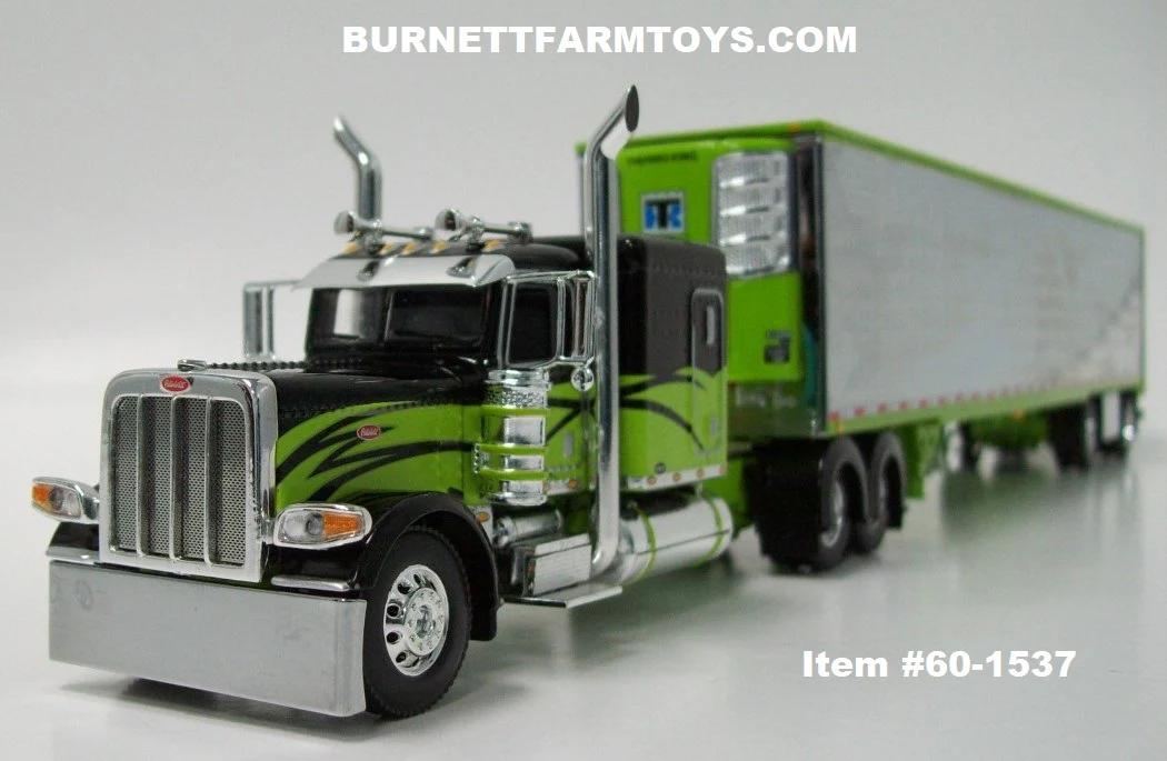 Item #60-1537 Black Lime Green Peterbilt 389 63-inch Flattop Sleeper with Chrome Ribbed Sided Lime Green Trim Spread Axle Utility Refrigerated Trailer with Thermo King Refrigerator - 1/64 Scale - DCP by First Gear