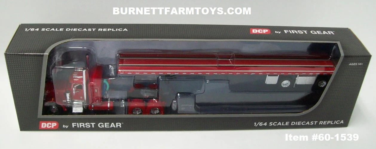 Item #60-1539 Red Black Frame Peterbilt 359 36-inch Sleeper with Spread Axle Wilson Roadbrute Flatbed Trailer - 1/64 Scale - DCP by First Gear - Image 5