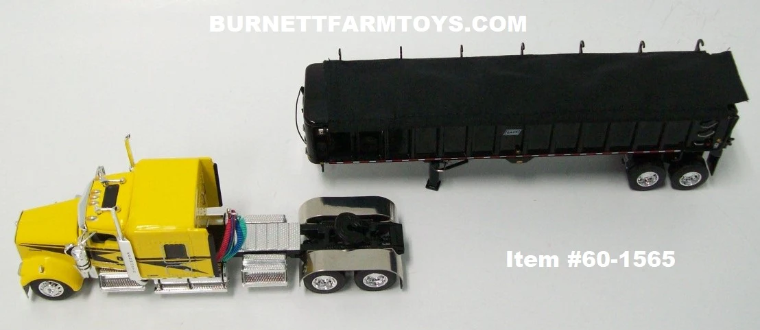 Item #60-1565 Yellow Black Stripe Kenworth W900L 72-inch Aerocab Sleeper with Black Sided Black Tarp Black Frame Tandem Axle EAST End Dump Trailer - 1/64 Scale - DCP by First Gear - Image 4