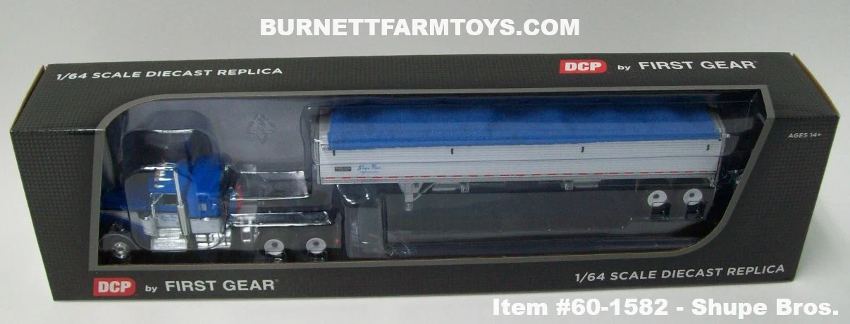 Item #60-1582 Shupe Bros Blue White Black Outline Kenworth W900A 36-inch Flattop Sleeper with White Sided Blue Tarp Silver Frame Tandem Axle Wilson Pacesetter 43-foot Hopper Bottom Grain Trailer - 1/64 Scale – DCP by First Gear - Image 6