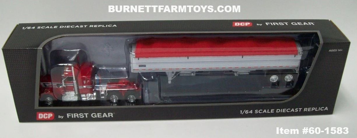 Item #60-1583 Red White Stripe Black Stripe Kenworth W900A 36-inch Flattop Sleeper with White Sided Red Tarp Silver Frame Tandem Axle Wilson Pacesetter 43-foot Hopper Bottom Grain Trailer - 1/64 Scale – DCP by First Gear - Image 5