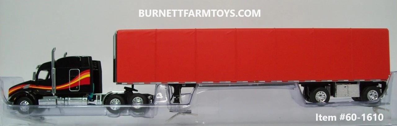 Item #60-1610 Black with Red Orange Yellow Stripe Peterbilt 579 72-inch Mid Roof Sleeper with Red Tarp Spread Axle Utility Roll Tarp Flatbed Trailer - 1/64 Scale - DCP by First Gear - Image 3