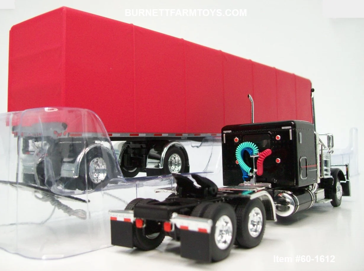Item #60-1612 Black Red Stripe Silver Stripe Peterbilt 379 63-inch Flattop Sleeper with Spread Axle Utility Red Roll Tarp Flatbed Trailer - 1/64 Scale – DCP by First Gear - Image 2