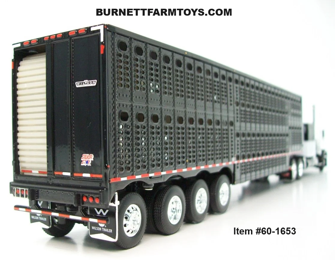 Item #60-1653 Black White Peterbilt 389 63-inch Flattop Sleeper with All Black Quad Axle Wilson Silver Star Livestock Trailer - 1/64 Scale – DCP by First Gear - Image 2