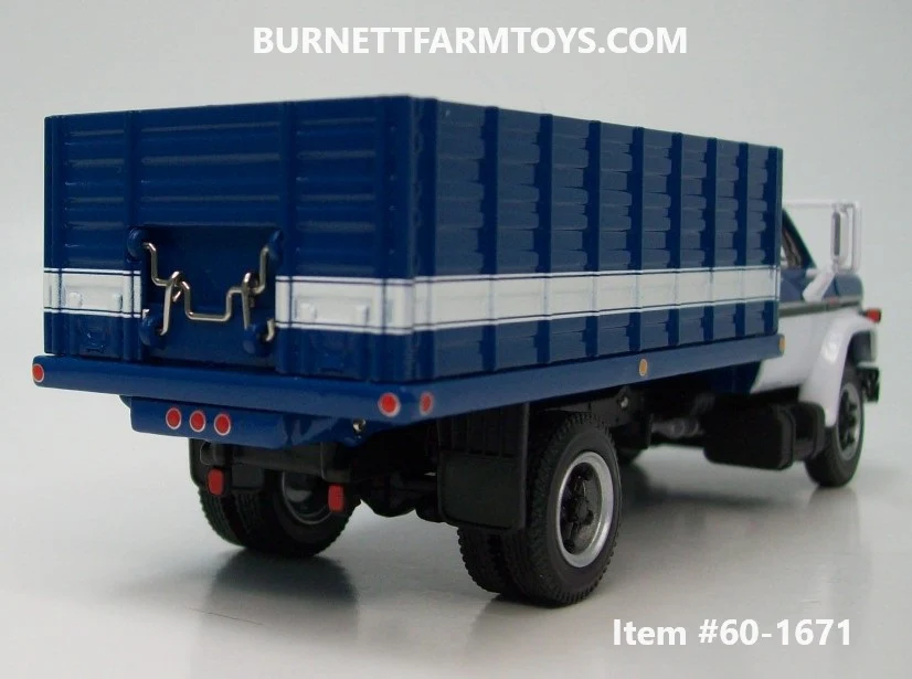 Item #60-1671 Blue White Black Outline GMC 6500 Single Axle Grain Truck with Blue White Stripe Sided Blue Frame Bed - 1/64 Scale - DCP by First Gear - Image 2
