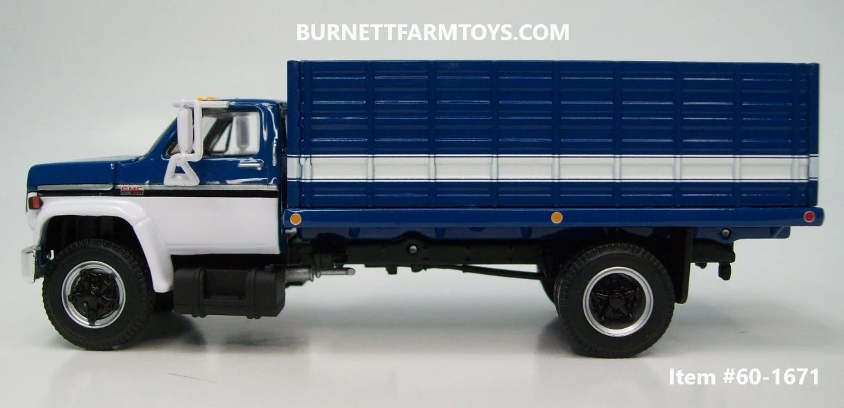 Item #60-1671 Blue White Black Outline GMC 6500 Single Axle Grain Truck with Blue White Stripe Sided Blue Frame Bed - 1/64 Scale - DCP by First Gear - Image 3