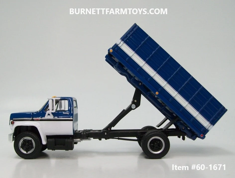 Item #60-1671 Blue White Black Outline GMC 6500 Single Axle Grain Truck with Blue White Stripe Sided Blue Frame Bed - 1/64 Scale - DCP by First Gear - Image 4