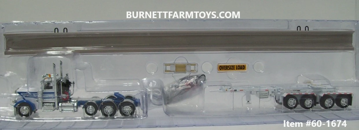 Item #60-1674 White Blue Tri-Axle Peterbilt 389 Day Cab with ERMC 4-axle Hydra-Steer Trailer and Bridge Beam Load - 1/64 Scale - DCP by First Gear - Image 5
