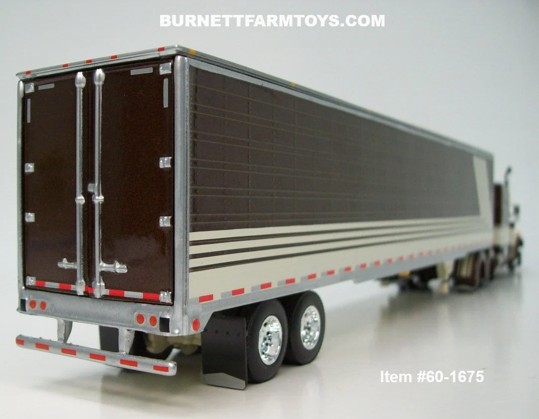 Item #60-1675 Brown Cream Peterbilt 359 63-inch Mid Roof Sleeper with Brown Cream Ribbed Sided Silver Roof Cream Frame Tandem Axle Utility 53-foot Dry Goods Van Trailer - 1/64 Scale - DCP by First Gear - Image 2