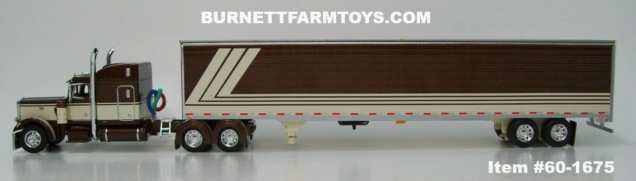 Item #60-1675 Brown Cream Peterbilt 359 63-inch Mid Roof Sleeper with Brown Cream Ribbed Sided Silver Roof Cream Frame Tandem Axle Utility 53-foot Dry Goods Van Trailer - 1/64 Scale - DCP by First Gear - Image 3