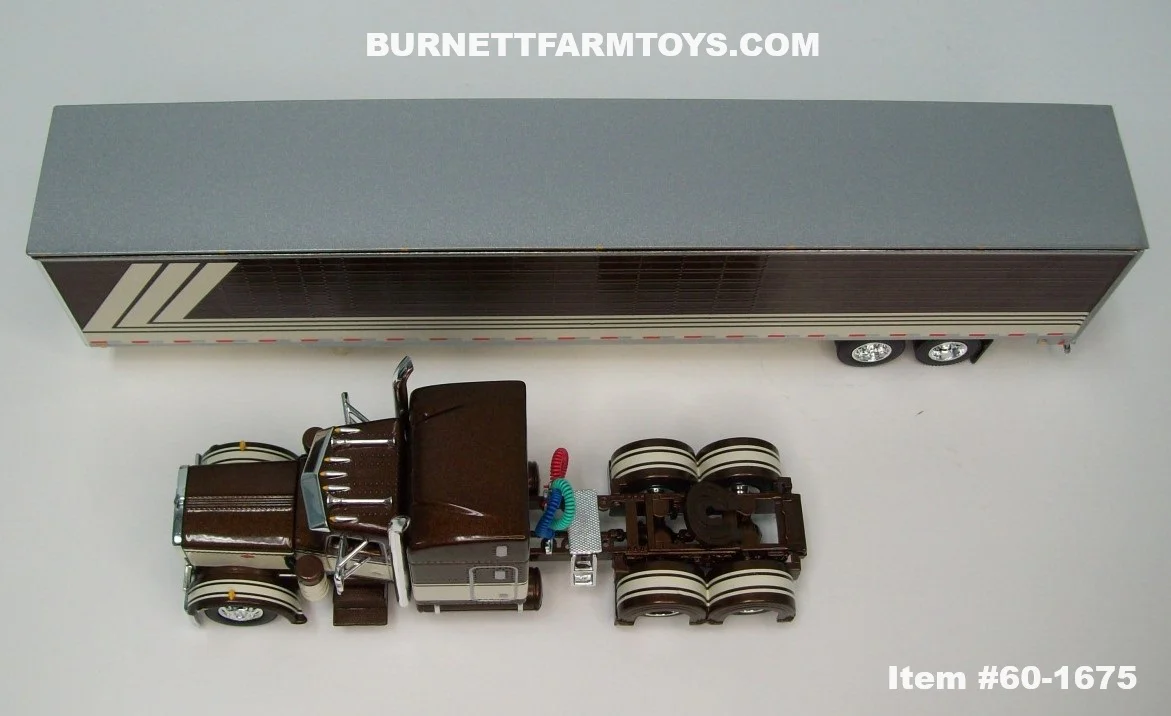 Item #60-1675 Brown Cream Peterbilt 359 63-inch Mid Roof Sleeper with Brown Cream Ribbed Sided Silver Roof Cream Frame Tandem Axle Utility 53-foot Dry Goods Van Trailer - 1/64 Scale - DCP by First Gear - Image 4