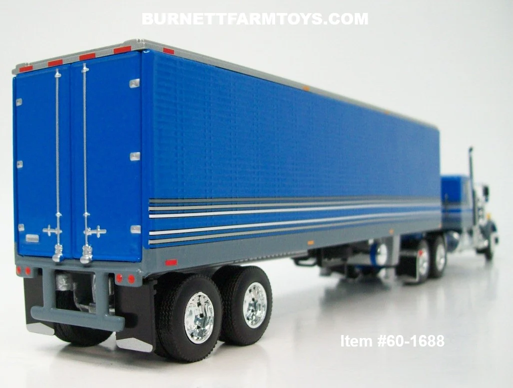 Item #60-1688 Blue Gray White Black Outline Kenworth W900A 60-inch Flattop Sleeper with Blue Gray White Black Sided Silver Roof Gray Frame Tandem Axle 40-foot Refrigerated Trailer with Thermo King Refrigerator - 1/64 Scale – DCP by First Gear - Image 2