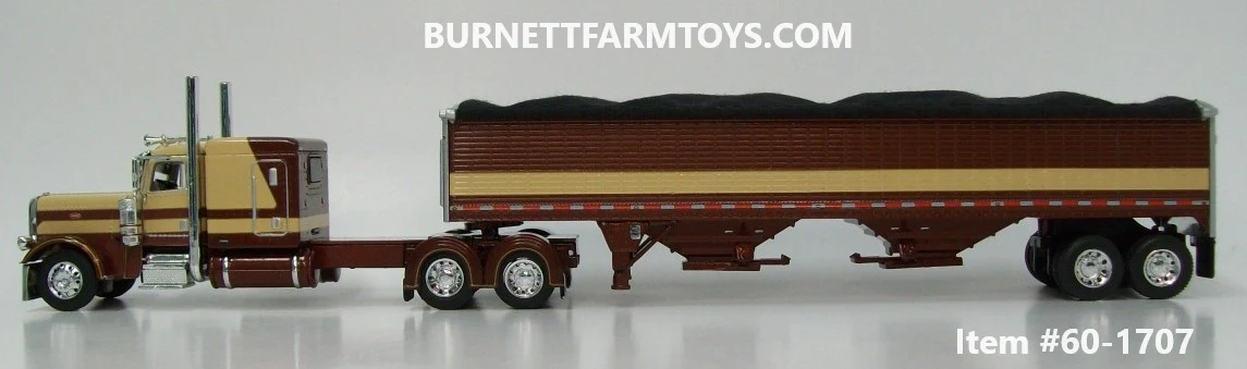 Item #60-1707 Brown Tan Peterbilt 389 63-inch Flattop Sleeper with Brown Tan High Sided Black Tarp Brown Frame Tandem Axle Wilson 43-foot Pacesetter Hopper Bottom Grain Trailer - 1/64 Scale - DCP by First Gear - Image 3