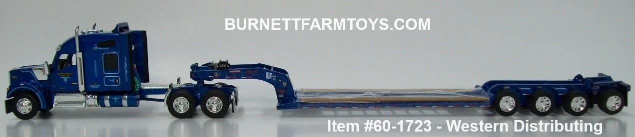 Item #60-1723 Western Distributing Blue Kenworth W990 76-inch Mid Roof Sleeper with Blue Tri-Axle Fontaine Magnitude Lowboy Trailer with Flip Axle - 1/64 Scale – DCP by First Gear - Image 3
