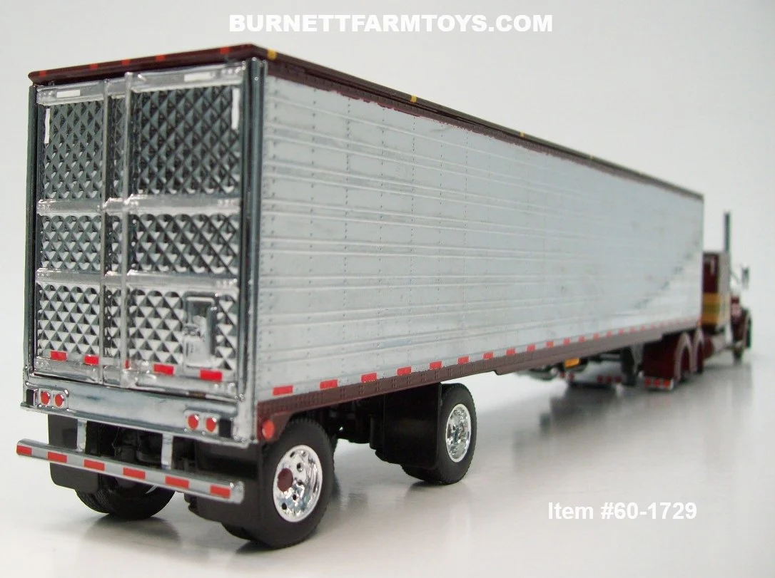 Item #60-1729 Burgundy Gold Stripe Black Outline Peterbilt 379 63-inch Flattop Sleeper with Chrome Ribbed Sided Burgundy Trim Black Frame Spread Axle Utility 53-foot Refrigerated Trailer with Thermo King Refrigerator - 1/64 Scale – DCP by First Gear - Image 2