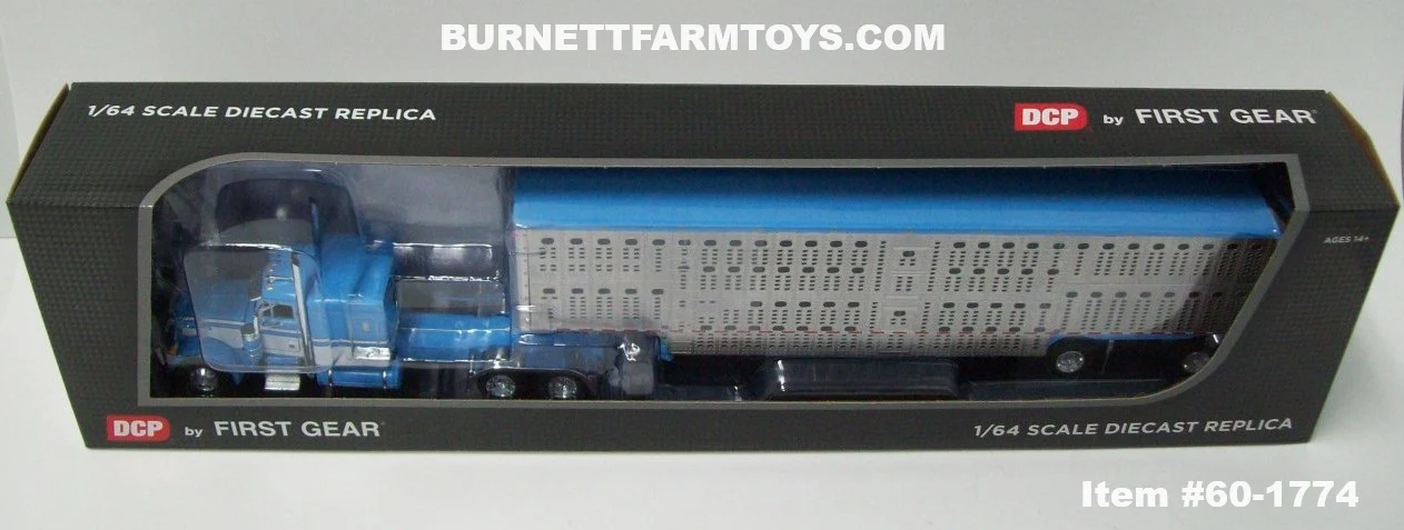 Item #60-1774 Baby Blue White Black Outline Peterbilt 379 63-inch Flattop Sleeper with Silver Sided Baby Blue Trim Spread Axle Wilson Silver Star Livestock Trailer - 1/64 Scale - DCP by First Gear - Image 7