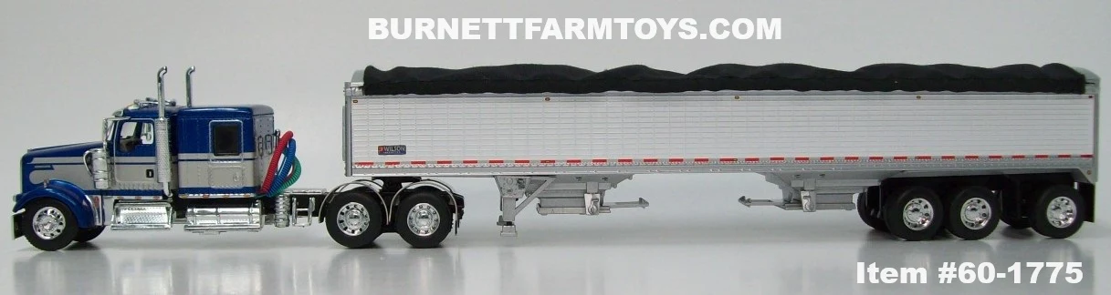Item #60-1775 Blue Metallic Silver Kenworth W900L 60-inch Flattop Sleeper with White Sided Black Tarp Silver Frame Tri-Axle Wilson 50-foot Pacesetter Hopper Bottom Grain Trailer - 1/64 Scale – DCP by First Gear - Image 3