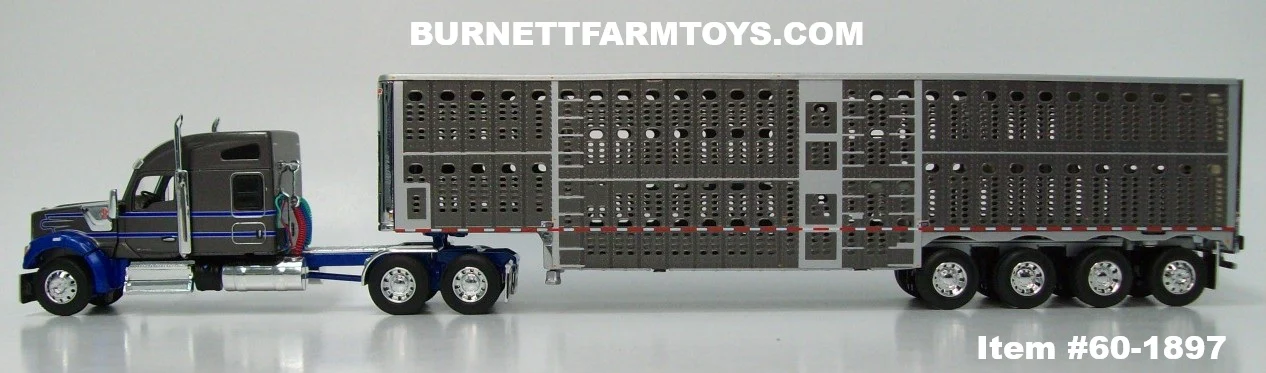 Item #60-1897 Gun Metal Gray Blue White Outline Kenworth W990 76-inch Mid Roof Sleeper with Gun Metal Gray Sided Silver Trim Quad Axle Wilson Silver Star Livestock Trailer - 1/64 Scale – DCP by First Gear - Image 3
