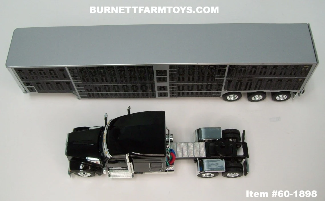 Item #60-1898 Black Kenworth W990 76-inch Mid Roof Sleeper with Black Sided Silver Trim Tri-Axle Wilson Silver Star Livestock Trailer - 1/64 Scale – DCP by First Gear - Image 4
