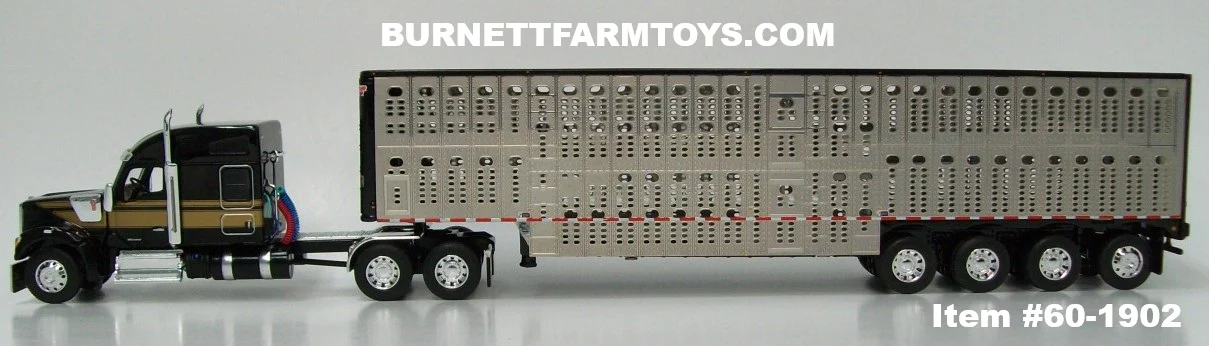 Item #60-1902 Black Gold Kenworth W990 76-inch Mid Roof Sleeper with Silver Sided Black Trim Quad Axle Wilson Silver Star Livestock Trailer - 1/64 Scale – DCP by First Gear - Image 3