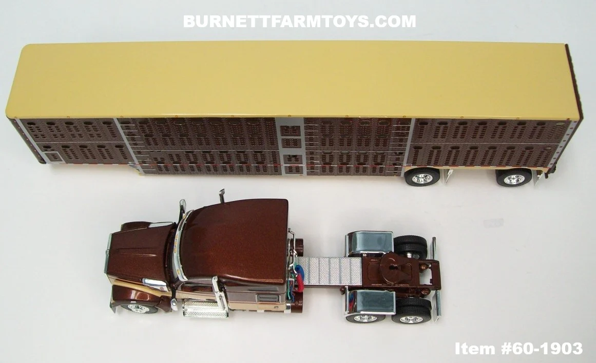 Item #60-1903 Brown Metallic Tan Red Outline Kenworth W990 76-inch Mid Roof Sleeper with Brown Metallic Tan Trim Spread Axle Wilson Silver Star Livestock Trailer - 1/64 Scale – DCP by First Gear - Image 4