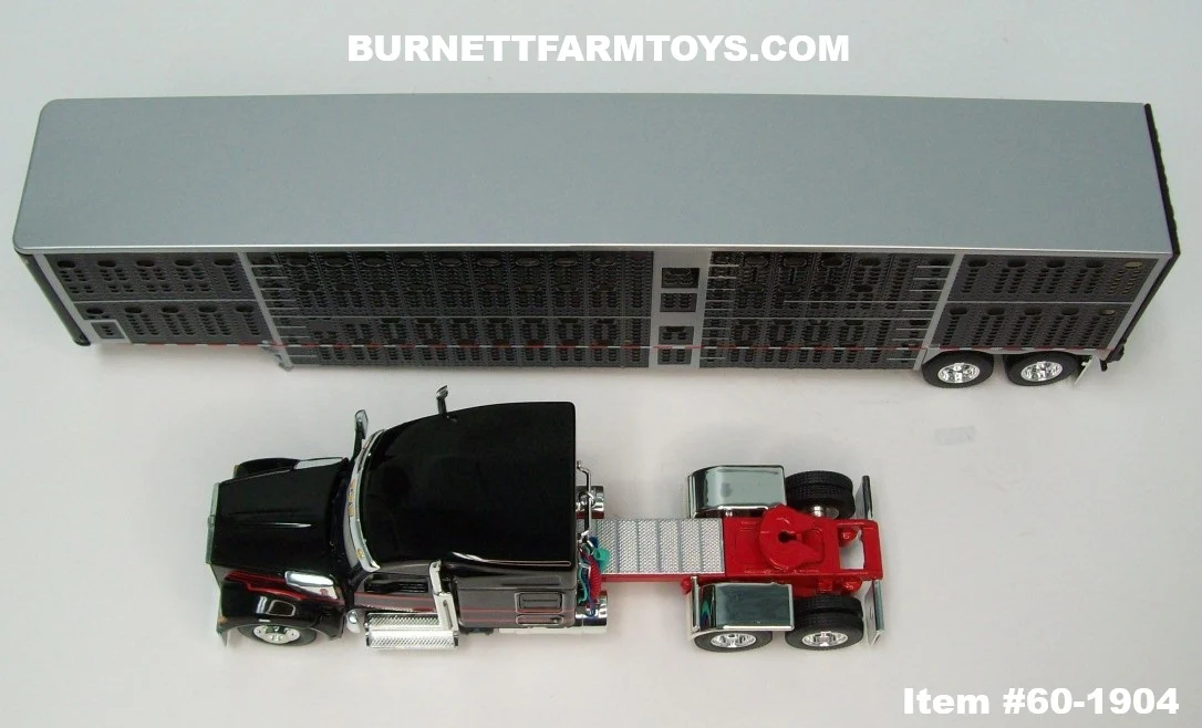 Item #60-1904 Black Red Kenworth W990 76-inch Mid Roof Sleeper with Black Sided Silver Trim Tandem Axle Wilson Silver Star Livestock Trailer - 1/64 Scale – DCP by First Gear - Image 4