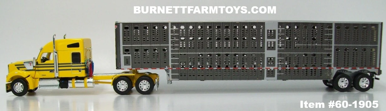 Item #60-1905 Yellow Gun Metal Gray Stripe Kenworth W990 76-inch Mid Roof Sleeper with Gun Metal Gray Sided Silver Trim Tandem Axle Wilson Silver Star Livestock Trailer - 1/64 Scale – DCP by First Gear - Image 3
