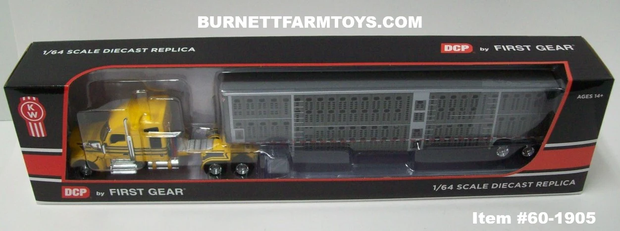 Item #60-1905 Yellow Gun Metal Gray Stripe Kenworth W990 76-inch Mid Roof Sleeper with Gun Metal Gray Sided Silver Trim Tandem Axle Wilson Silver Star Livestock Trailer - 1/64 Scale – DCP by First Gear - Image 5