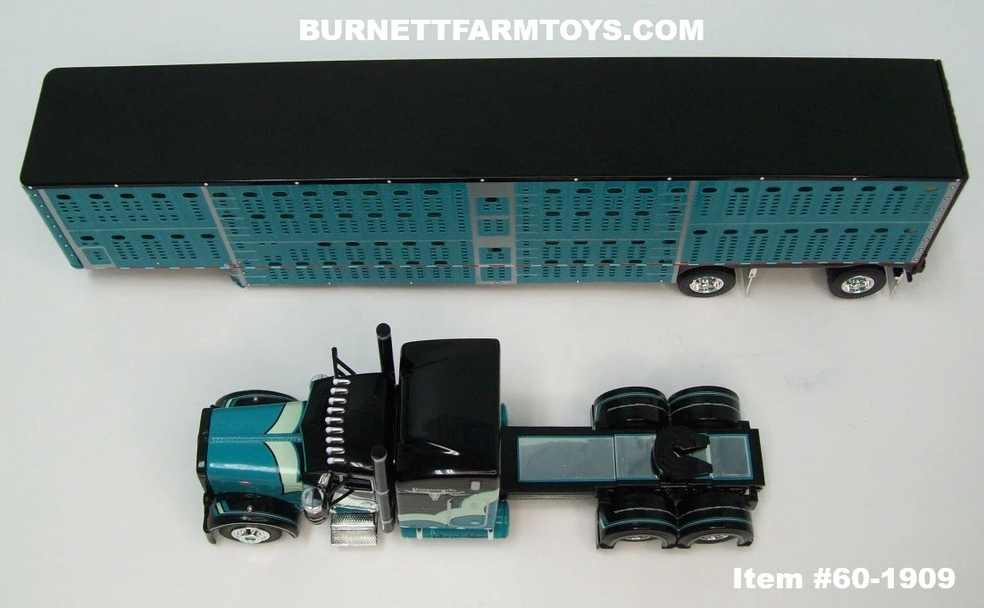 Item #60-1909 Desperado Teal Black Light Mint Green Peterbilt 379 63-inch Mid Roof Sleeper with Teal Black Trim Spread Axle Wilson Silver Star Livestock Trailer - 1/64 Scale – DCP by First Gear - Image 4