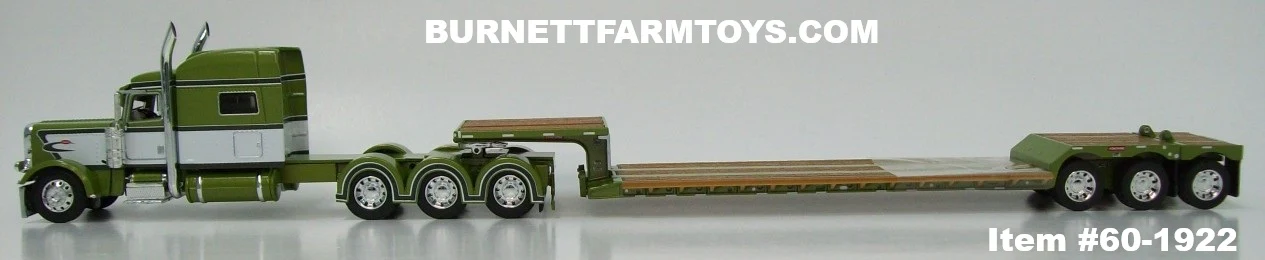 Item #60-1922 Olive Green Metallic White Black Stripe Peterbilt 389 70-inch Mid Roof Sleeper with Olive Green Metallic Tandem Axle Fontaine Renegade Machinery Trailer with Flip Axle - 1/64 Scale – DCP by First Gear - Image 3