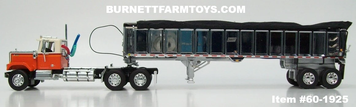 Item #60-1925 Cream Orange Brown Stripe Chevrolet Bison Day Cab with Chrome Black Tarp Silver Frame Tandem Axle EAST End Dump Trailer - 1/64 Scale – DCP by First Gear - Image 3
