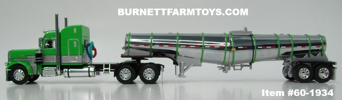 Item #60-1934 Green Silver Black Outline Peterbilt 389 48-inch Mid Roof Sleeper with Chrome Green Banded Tandem Axle Polar Deep Drop Tanker Trailer - 1/64 Scale – DCP by First Gear - Image 3