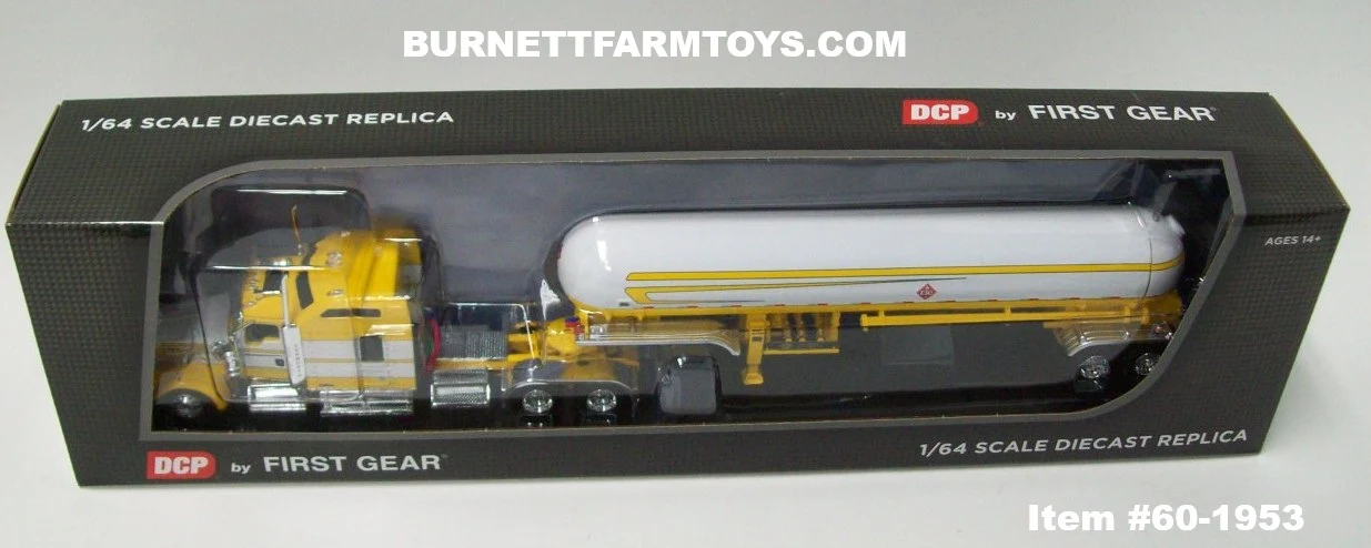 Item #60-1953 Yellow White Gray Outline Kenworth W900L 86-inch Studio Sleeper with White Yellow Gray Outline Tandem Axle Mississippi LPG Propane Tanker Trailer - 1/64 Scale – DCP by First Gear - Image 5